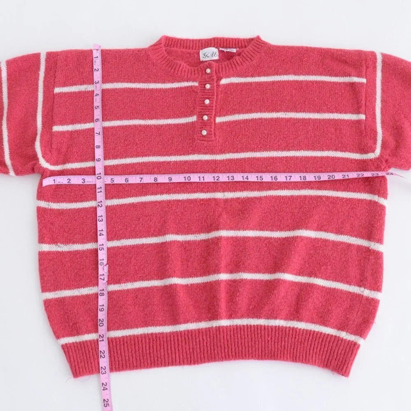 Vintage G.M. Pink Stripe Half Button Half Sleeve Knit Sweater Size  38 - Picture 4 of 9